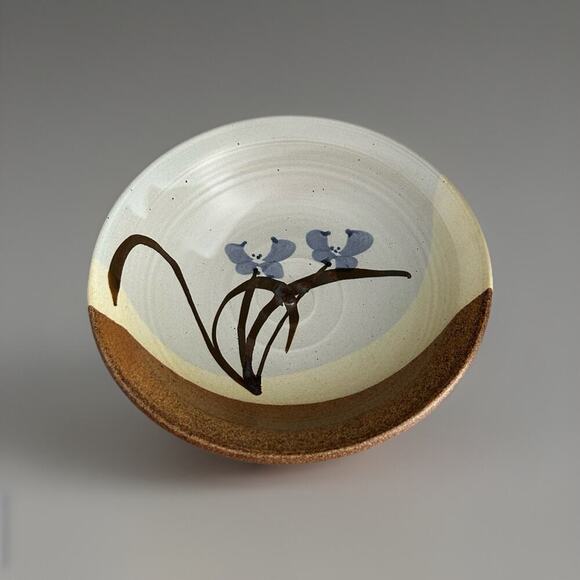 11 1/4” Stoneware Bowl Signed (Gary) Shaffer Blue Flowers Brown Yellow Dish - Picture 2 of 12